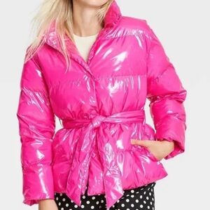 Who What Wear Shiny Hot Pink Puffer Jacket with Belt NWOT L